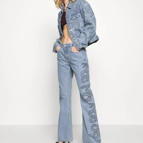 COPY - Milk It Light Blue Recycled Flares Bell Wide Leg Snake Print Jeans Size …